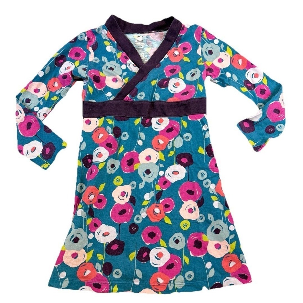 Tea Collection Girls Kimono Wrap Dress Size 5 Floral Long Sleeve 100% Cotton